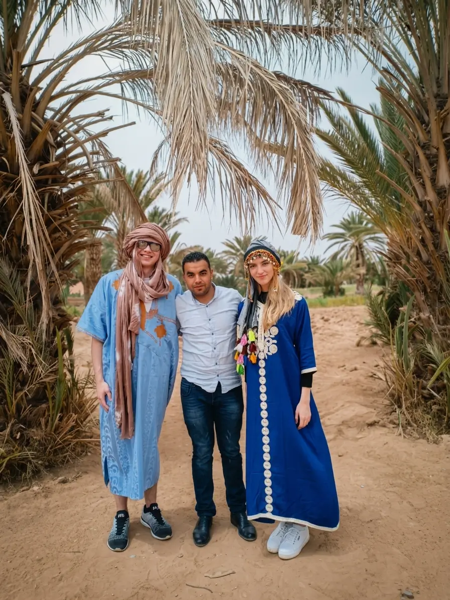 Hassan with travelers in traditional dress at a desert oasis