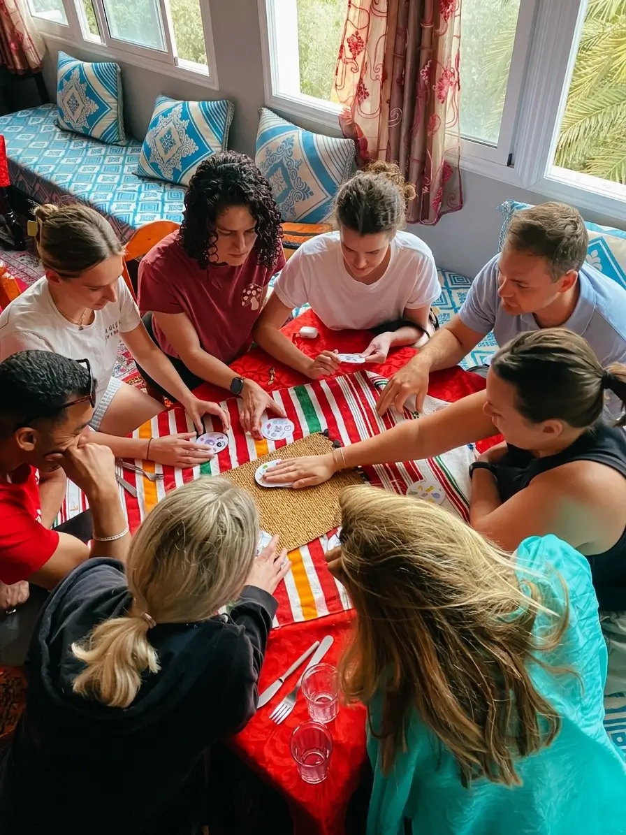 Tourists Playing Cards at Traditional Moroccan Riad Lounge
