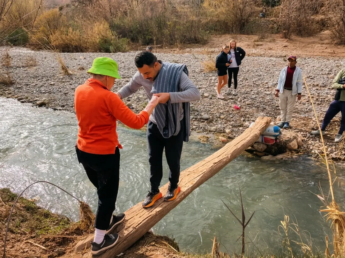 Guide Hasy Helping Tourist Cross River on Log Bridge Morocco
