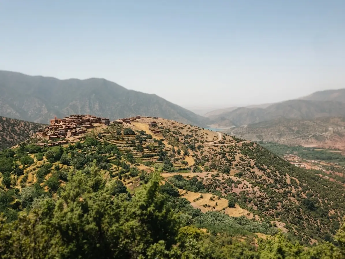 The green Ouirgane Valley, Berber villages, and lake beneath the Atlas Mountains
