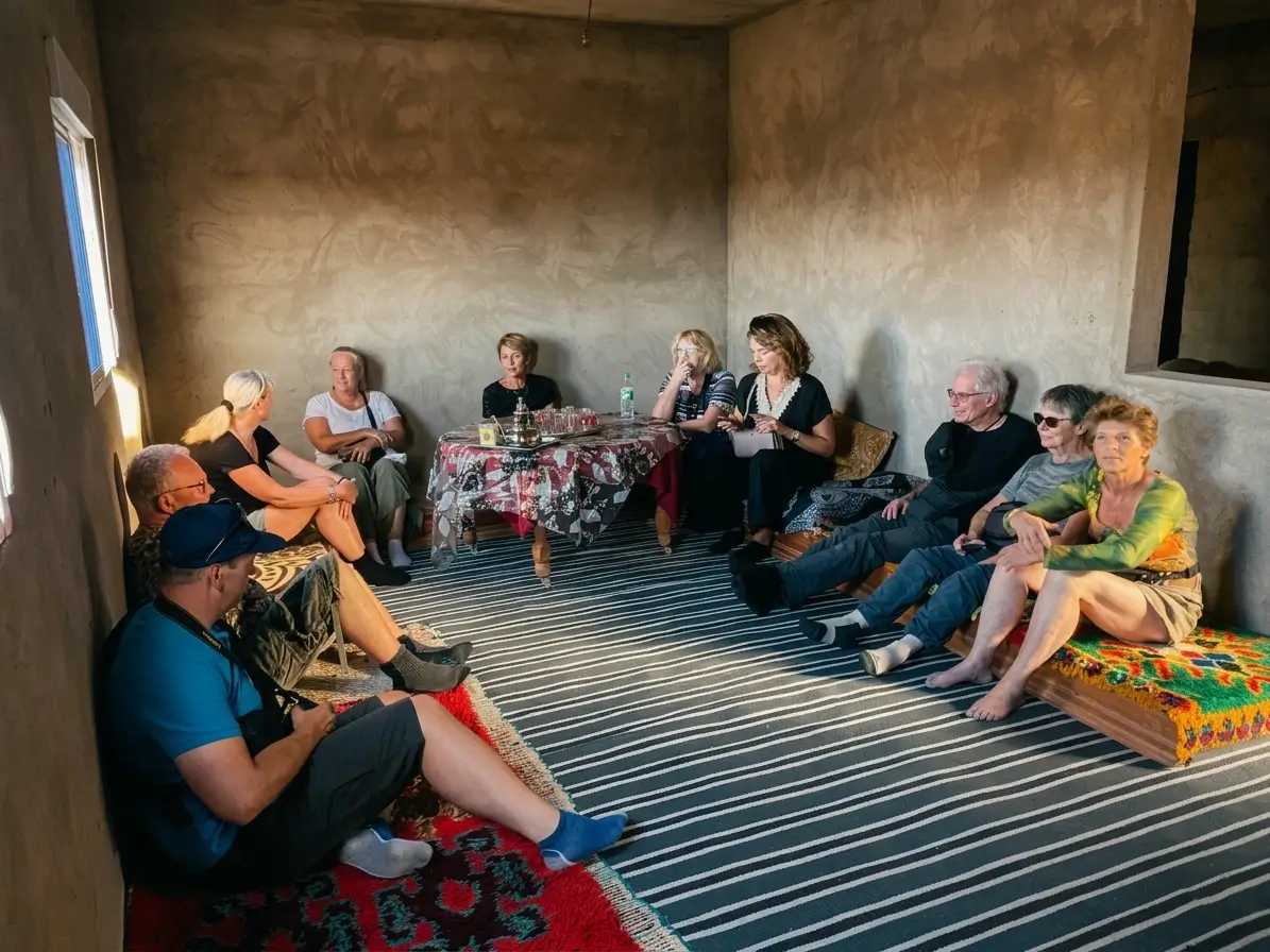 Tourists Relaxing in Traditional Moroccan Berber Home Lounge