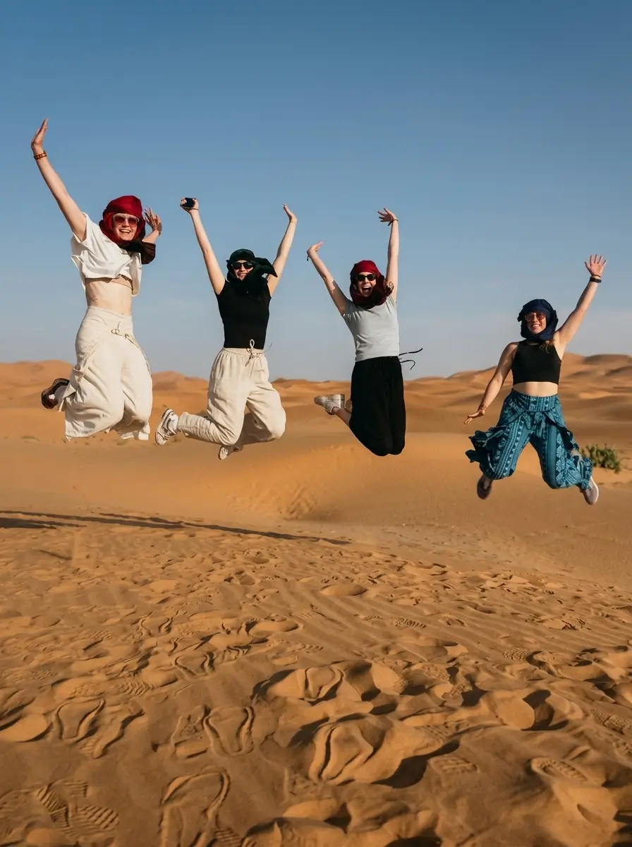 Happy Tourists Jumping in Sahara Desert Dunes Morocco