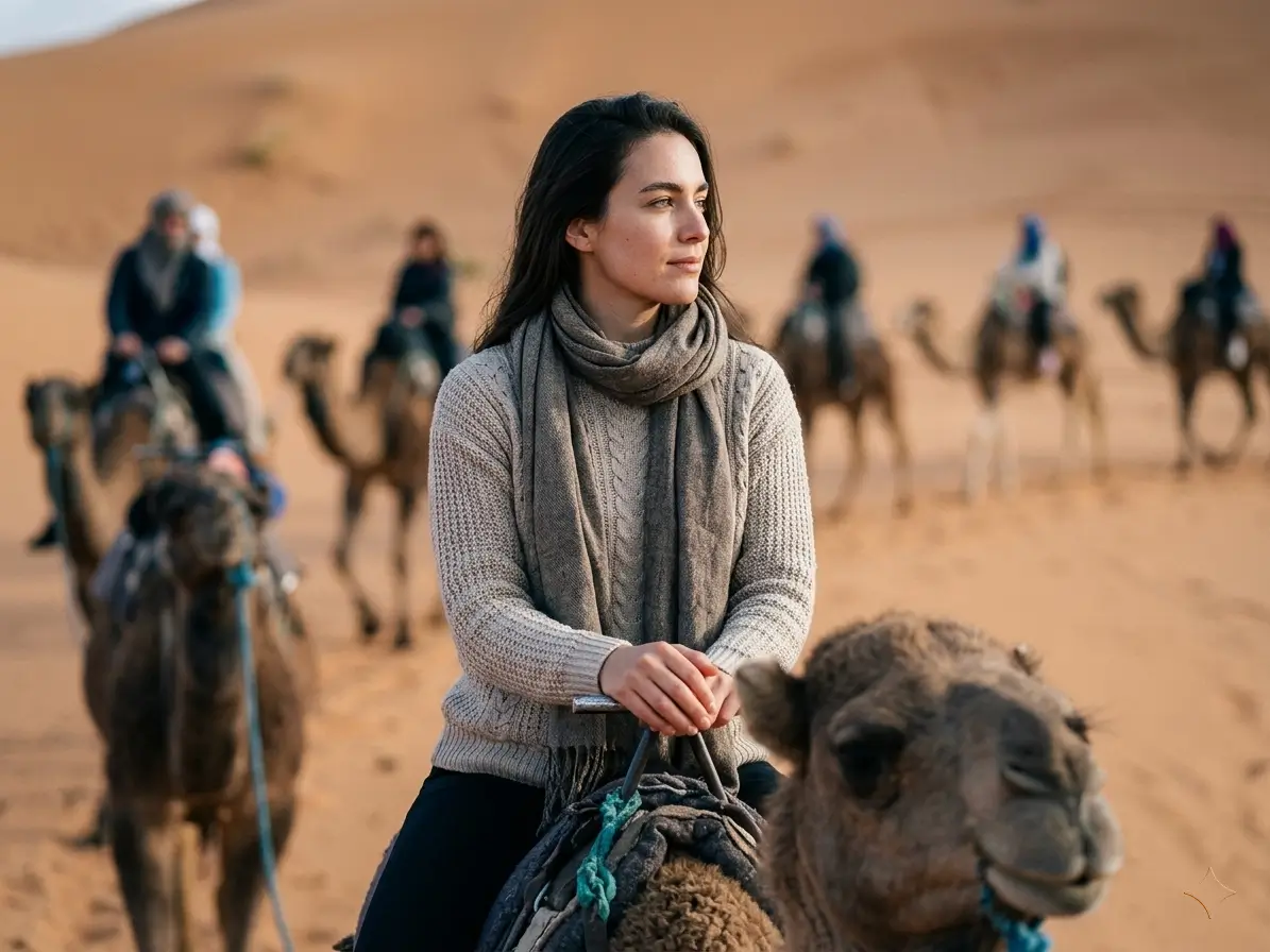 Woman Riding Camel on Sahara Desert Tour in Morocco
