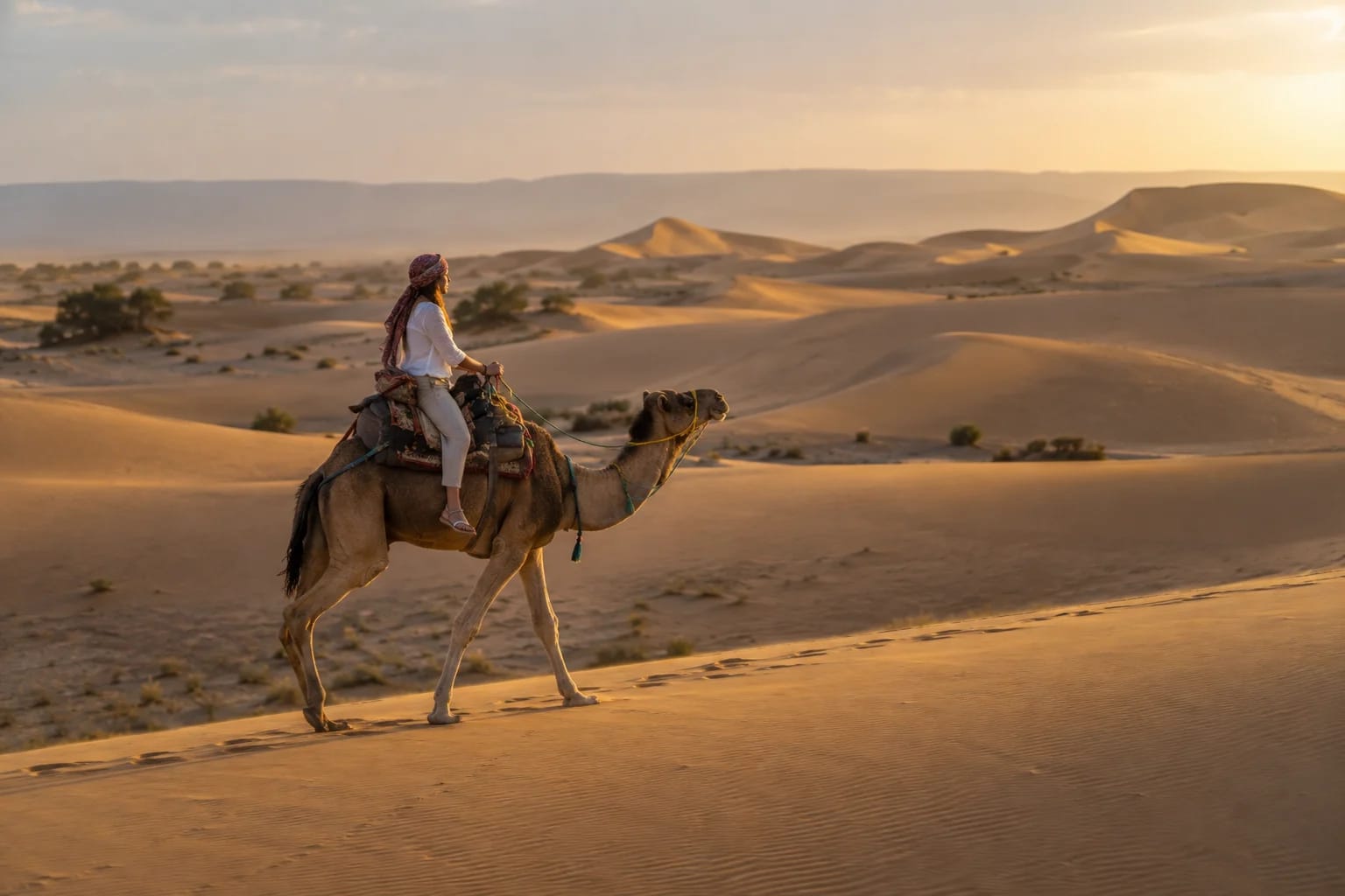 A traveler riding a camel across the warm dunes of the Sahara