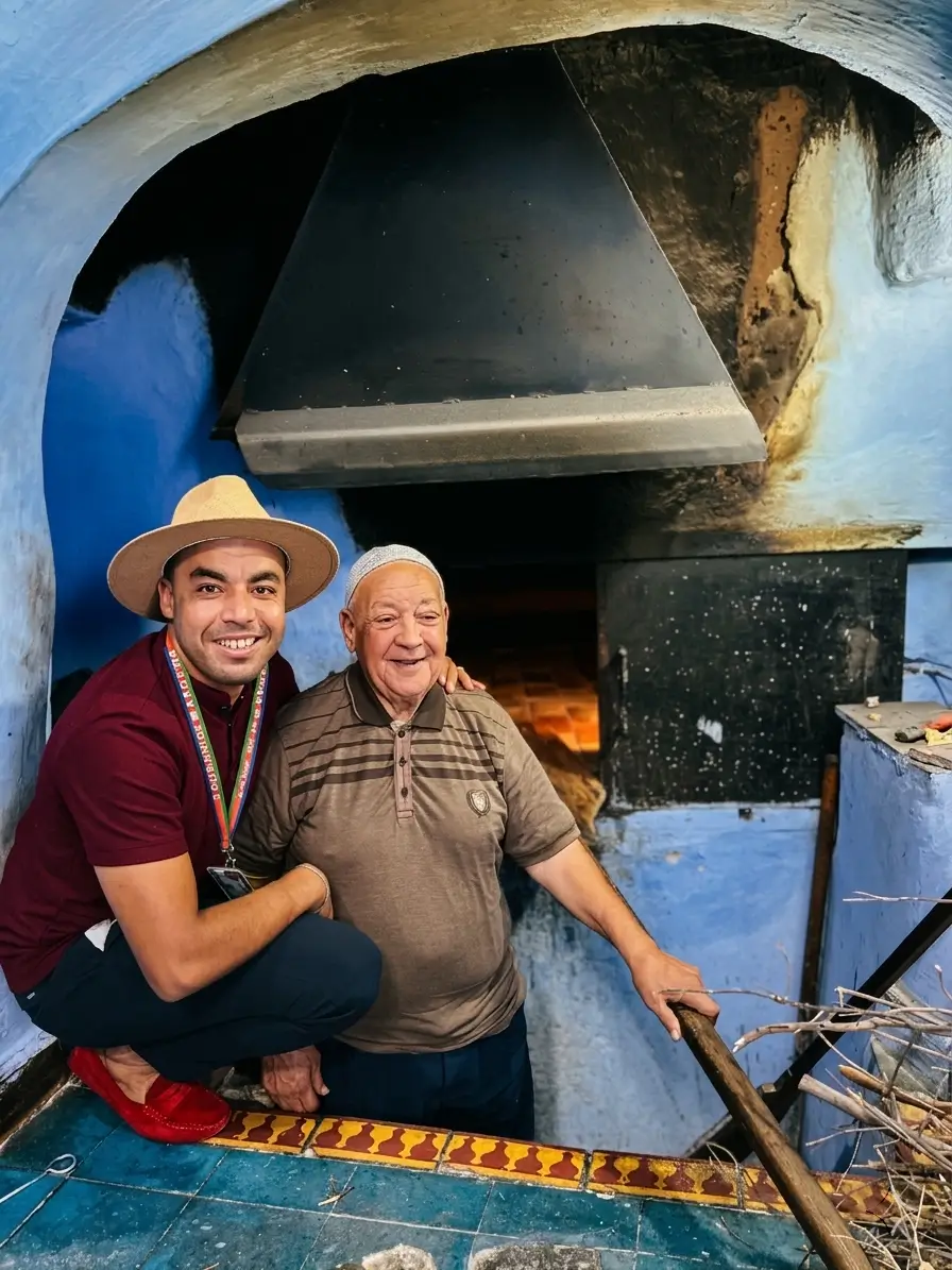 Hassan sharing a light-hearted moment with a local baker beside a traditional Moroccan oven